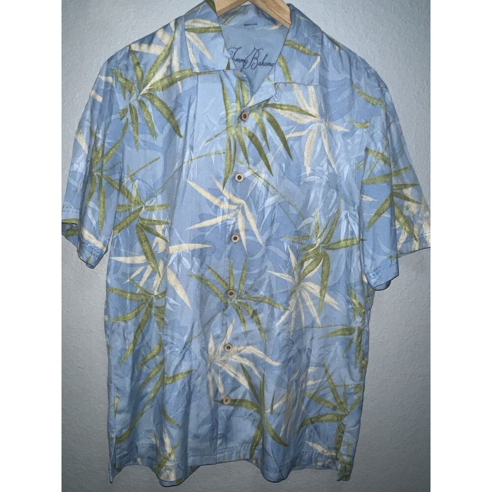 Tommy Bahama 100% Silk Mens Medium Blue Button Up Shirt Bamboo Groove Hawaiian